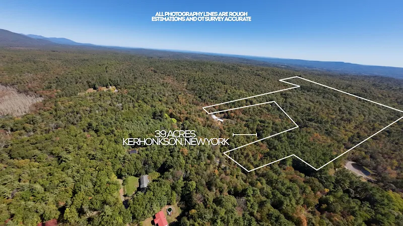 Drone aerial of 39 acre land parcel with property lines, real estate drone photography Hudson Valley
