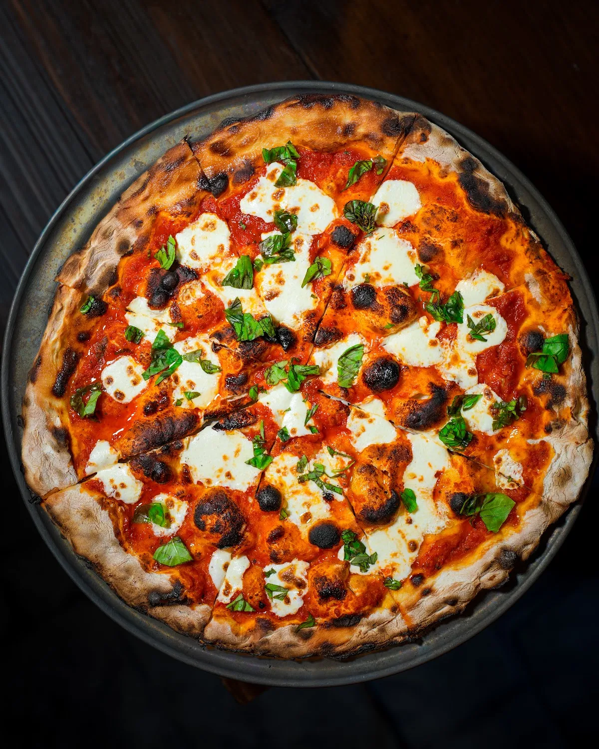 Wood-fired margherita pizza overhead, restaurant photography Hudson Valley