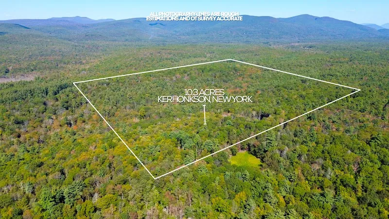 Drone aerial of 10 acre land parcel with property lines, real estate drone photography Hudson Valley