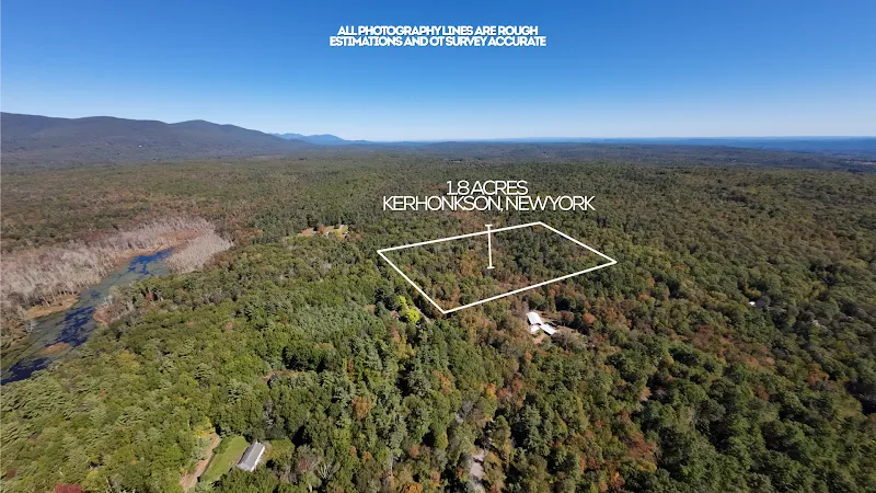Drone aerial of wooded acreage with property lines, real estate drone photography Hudson Valley