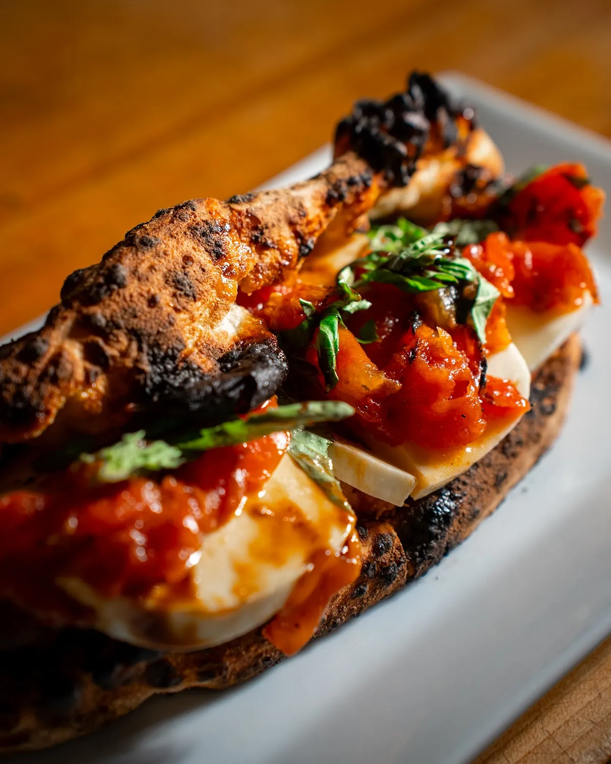 Caprese flatbread plated, restaurant photography Hudson Valley