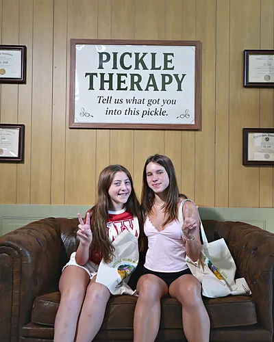 Friends at the Pickle Therapy photo booth, Eastdale Village Pickle Festival