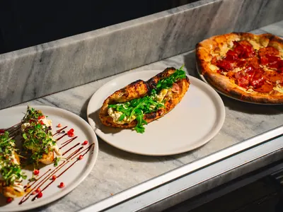 Pizzeria Posto pizza, sandwich and burrata spread, Eastdale Village food photography