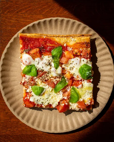 Caprese square slice at Rino's Pizza, food photography Highland NY