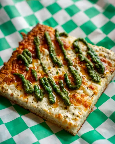 White pesto square slice at Rino's Pizza, food photography Highland NY
