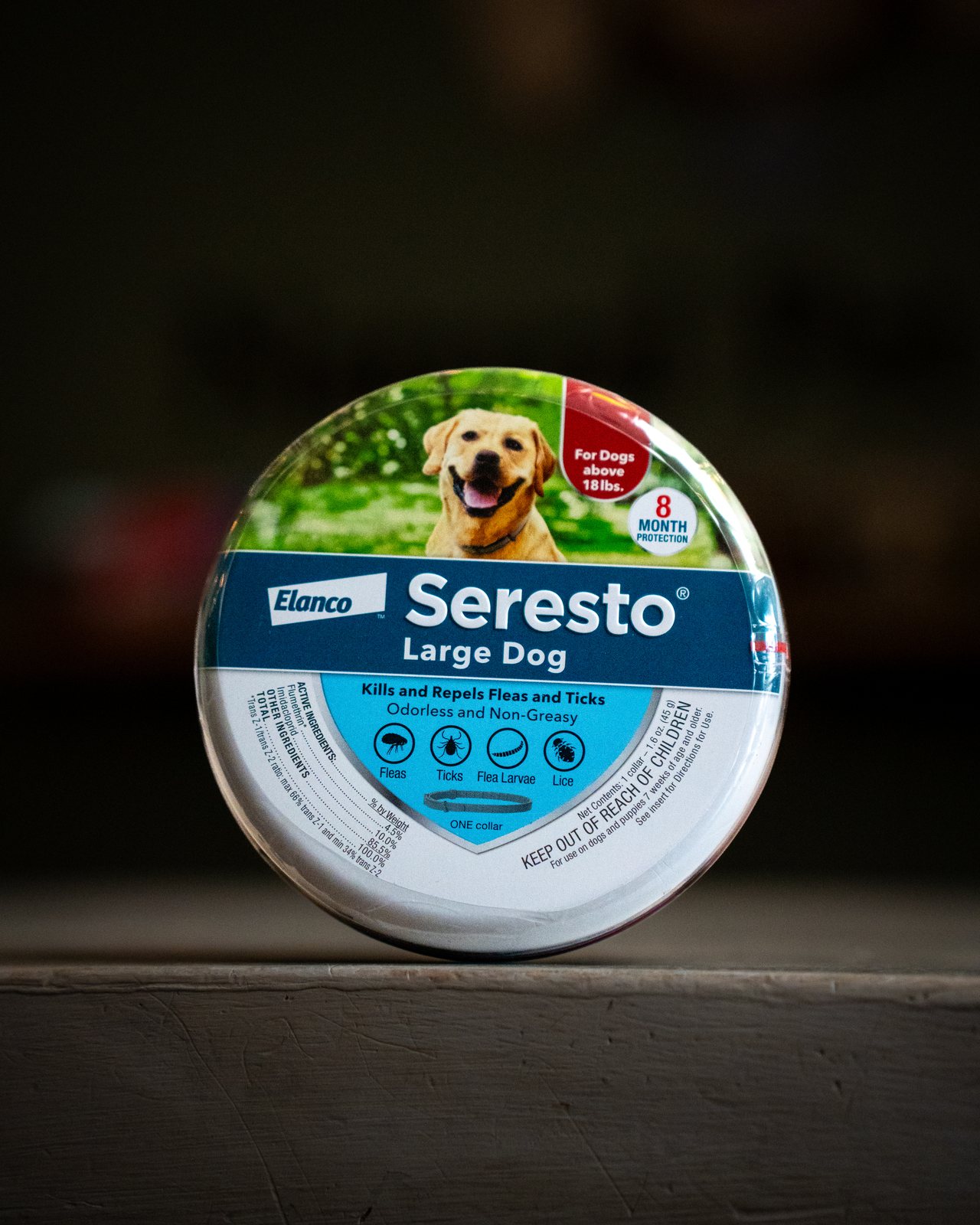 Seresto flea collar studio product shot — pet product photography Hudson Valley